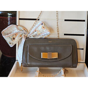 Chloé Metallic Bow Leather Continental Wallet w/Crossbody Chain & Twilly Added
